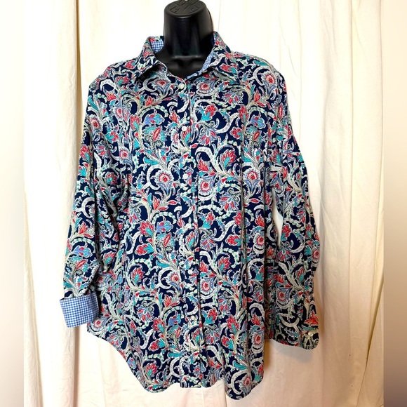 Ralph Lauren Chaps 2X Artsy Mixed up Paisley NO IRON Contrast Cuff L/S Blouse - Picture 1 of 7
